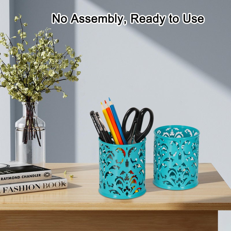 EasyPAG Teal Pen Holder for Desk, 2 Pack Round Pen Organizer, Brush Holder for Vanity, Metal Pencil Cup Organizer for Home, Office, Classroom, School - Image 3